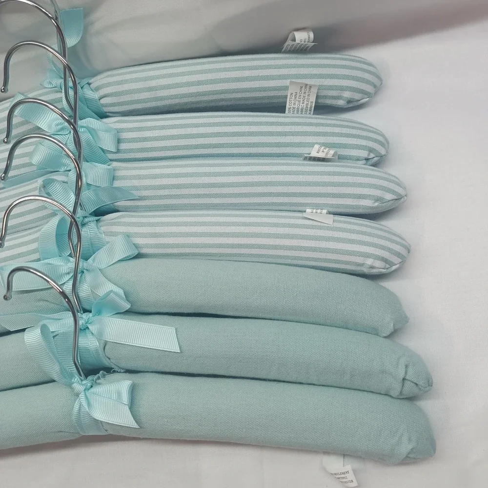 Set of 7 Light Blue Padded Hangers Cotton Striped and Solid Ribbon Bows RN99605